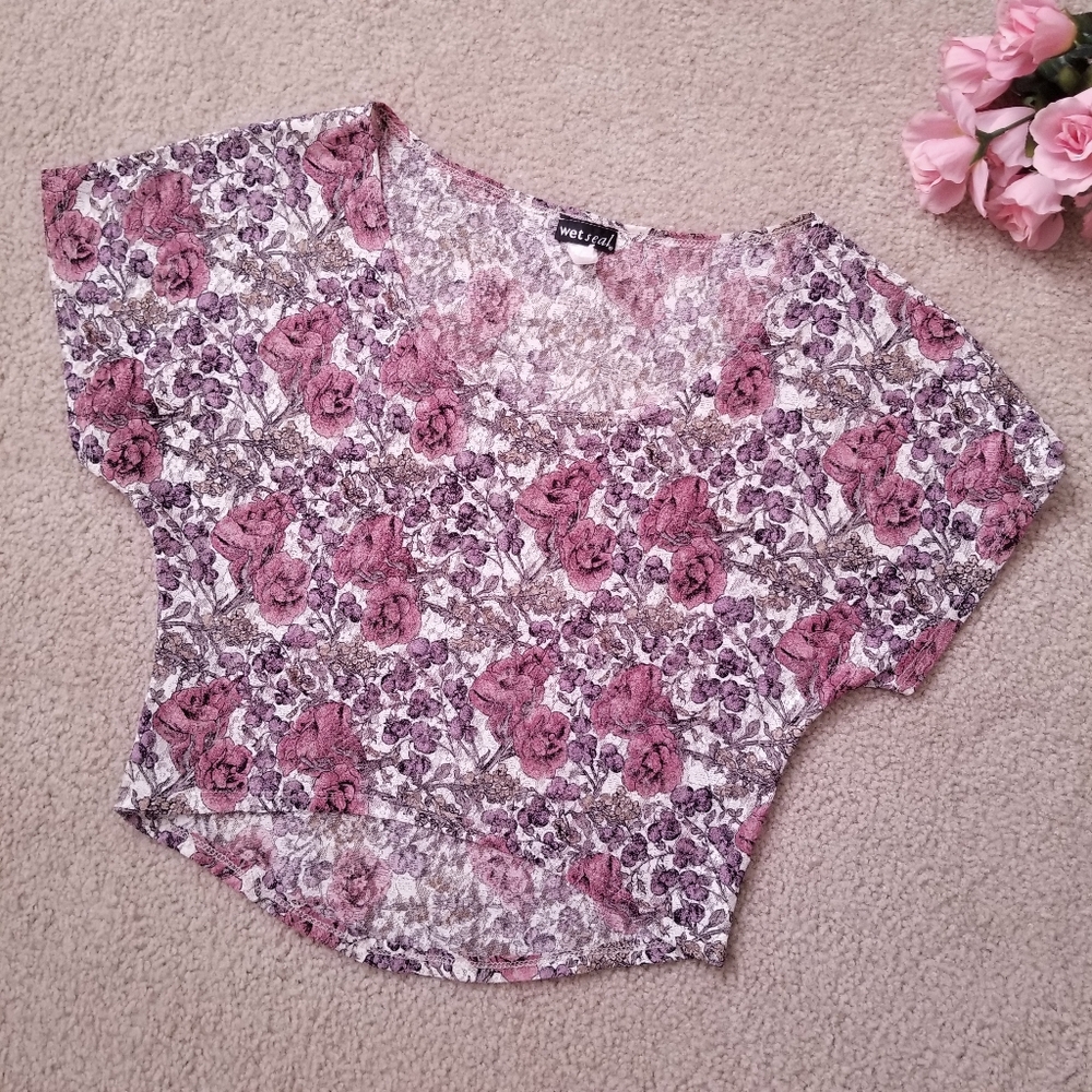 Wet Seal Pink Floral Lace Loose Crop Top
